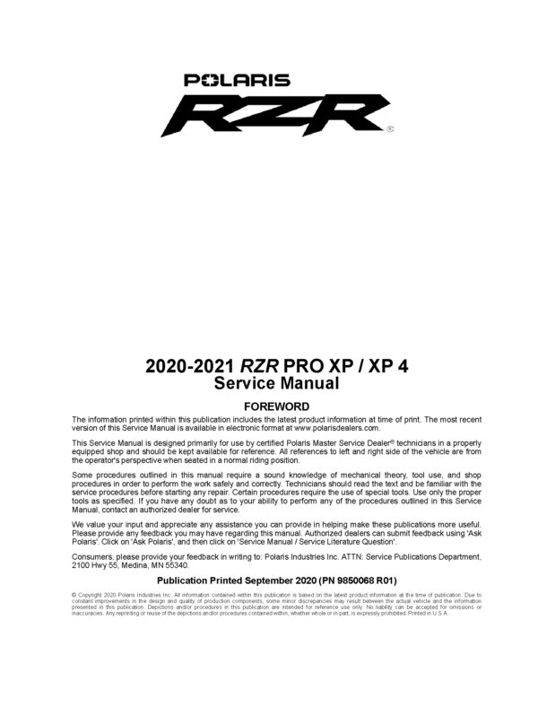 2020-2021 Polaris RZR Pro XP XP4 Side x Sides Service Repair Manual
