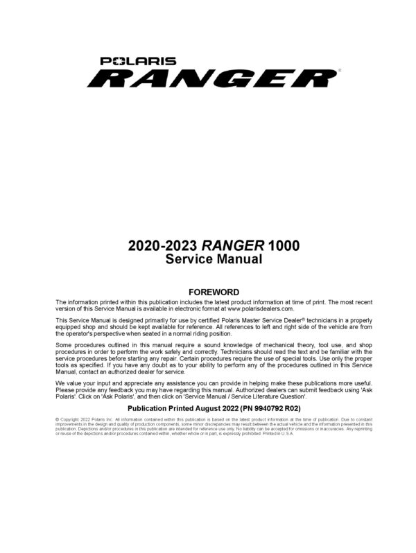 2020-2023 Polaris Ranger 1000 Crew 3-Seater Side x Sides Service Repair Manual