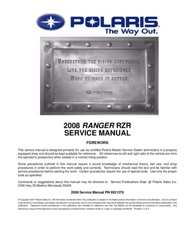 2008 Polaris Ranger RZR Side x Sides Service Repair Manual
