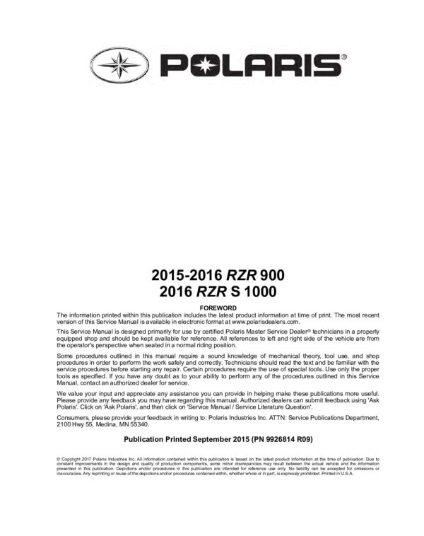 2015-2016 polaris rzr 900 rzr s 1000 side x sides service repair manual