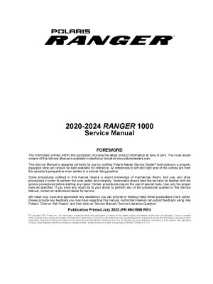 2020-2024 Polaris Ranger 1000 Side x Sides Service Repair Manual