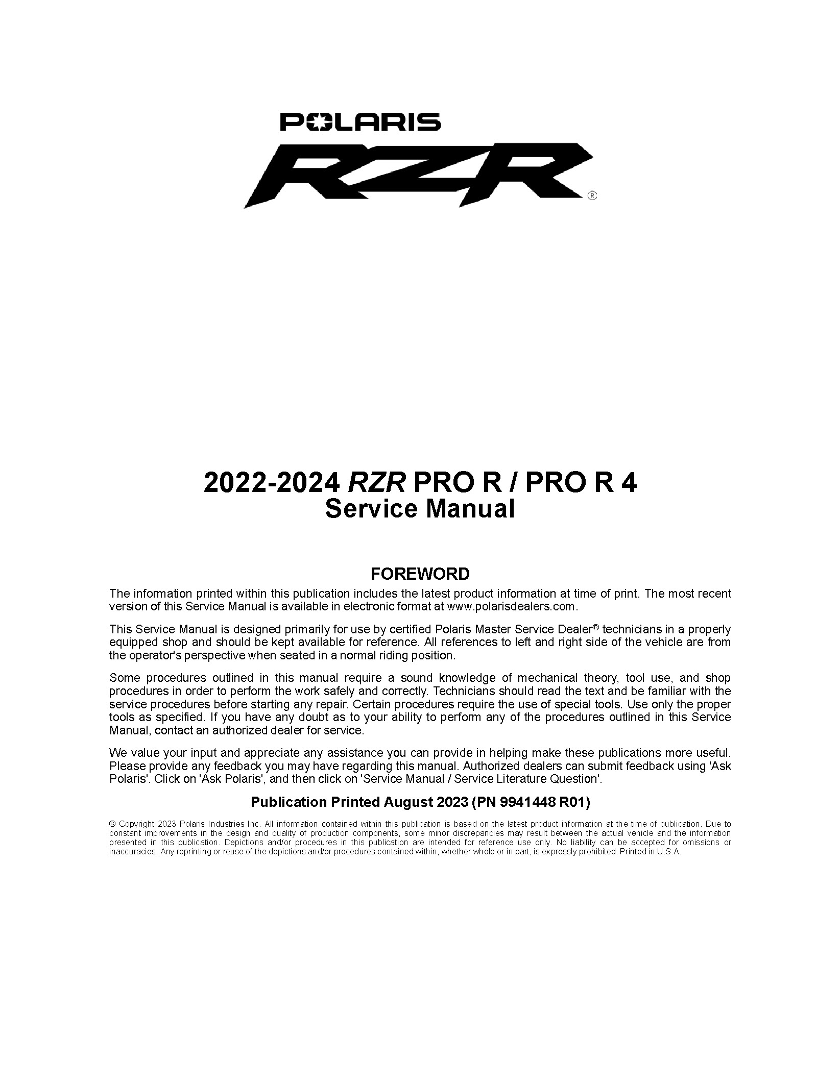 2022-2024 Polaris RZR Pro RZR Pro 4 Side x Side Service Repair Manual