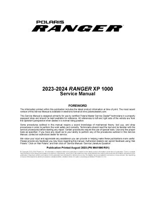 2023-2024 Polaris Ranger XP 1000 Side x Sides Service Repair Manual