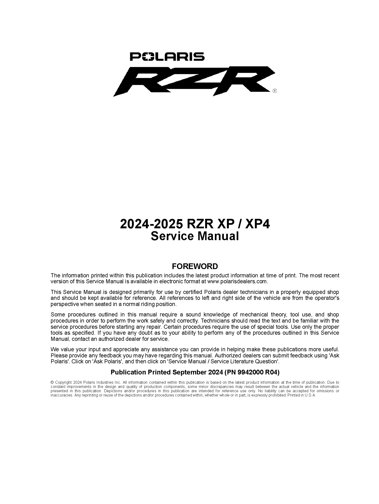 2024-2025 Polaris RZR XP XP4 Side x Side Service Repair Manual
